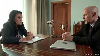 Elder boss Mark Davis bends over desk sexy big tits brunette employee Ashli Ames and with big cock pounds her pussy from behind in rope bondage